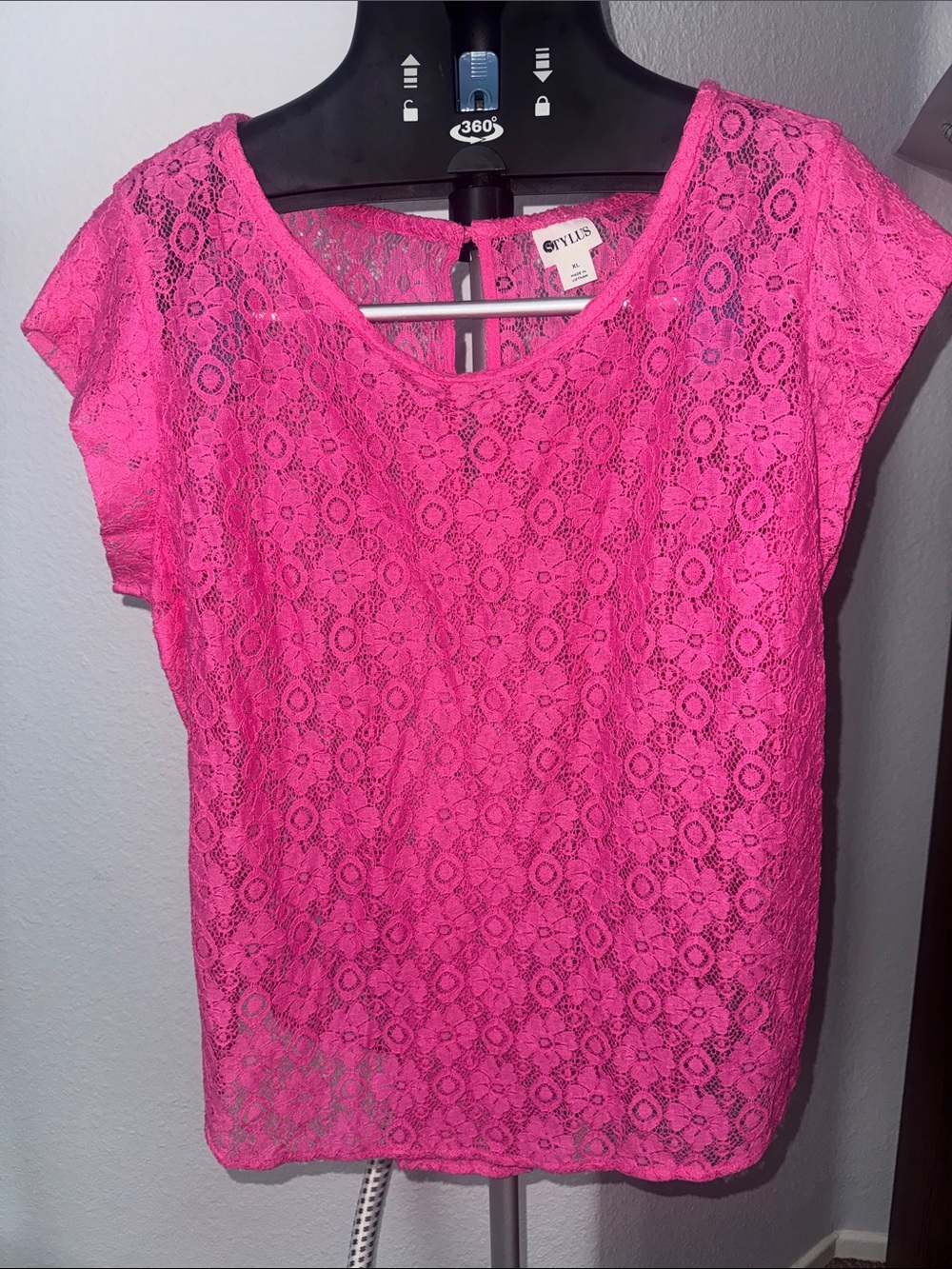 STYLUS Hot Pink Lace Overlay Cap Sleeve Top